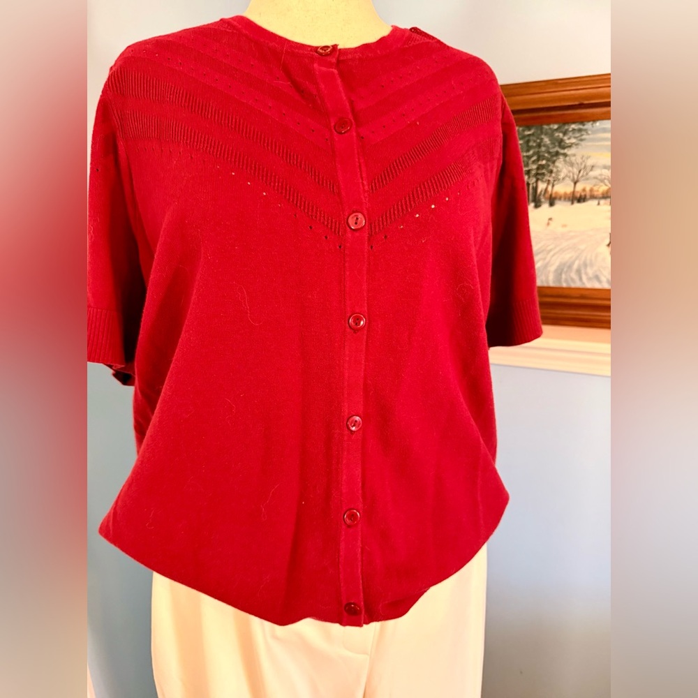 CJ Banks Red Short Sleeve Button-Front Cardigan Sweater